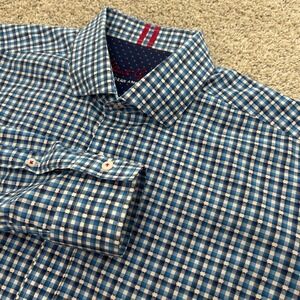 Robert Graham Button Down Shirt Large Blue Plaid Tailored Fit Cotton Long Sleeve
